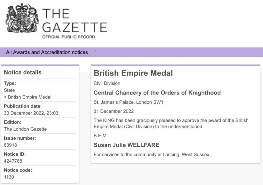 The Gazette announcement Sue Wellfare awards the British Empire Medal (BEM)